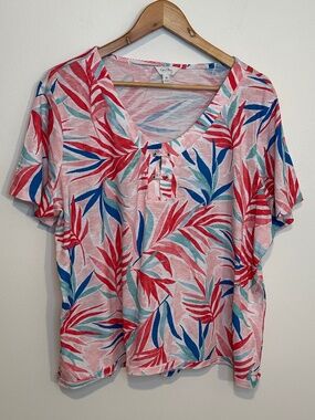 Coral Bay Tropical Palm Print T Shirt 1X Pink Blue